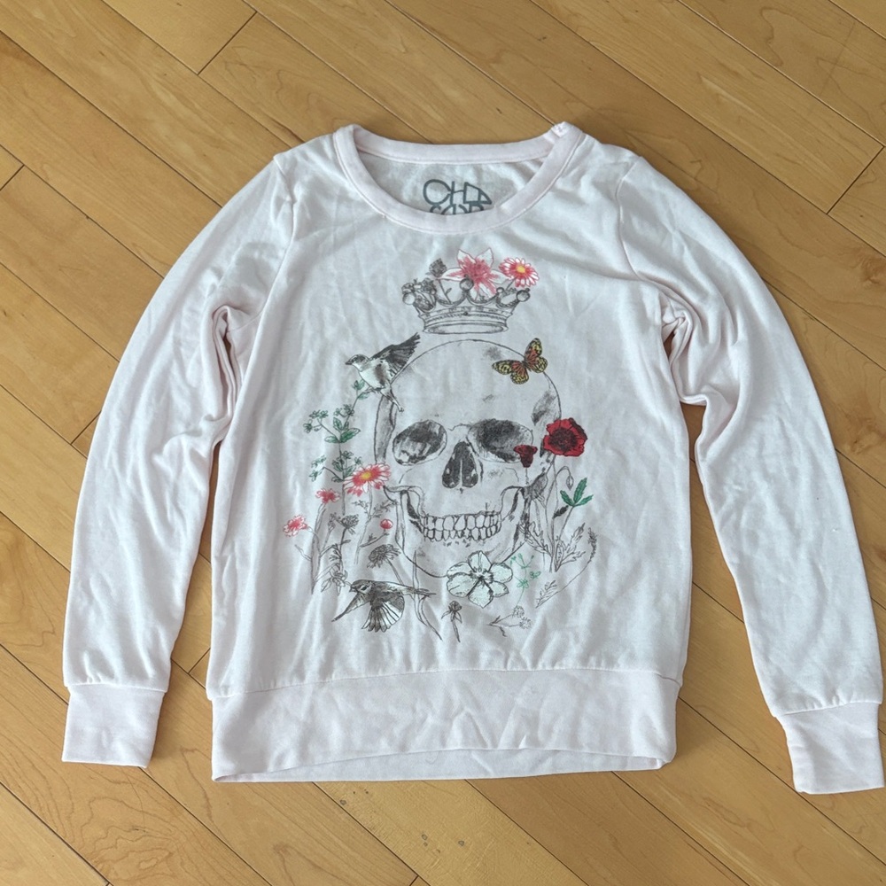 Chaser White Long Sleeve Tee with Skull and Floral Design